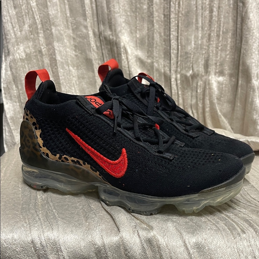 Nike Vapormax Black and Red Flyknit Sneakers with Leopard Print